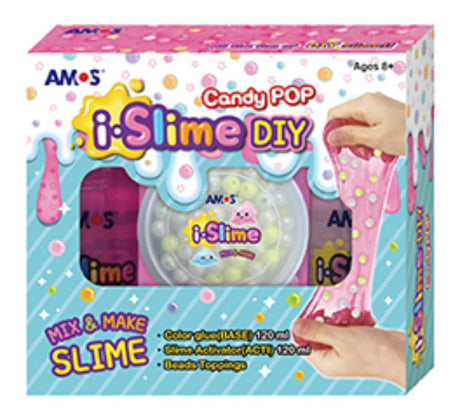 Colorful Amos i.Slime DIY Slime Making Kit with glue base, activator, and beads for creative, safe slime activities.