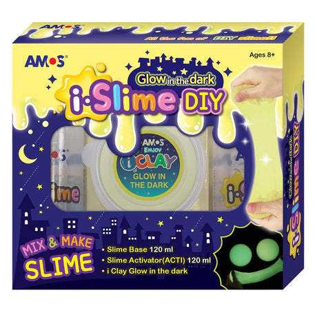 Amos i.Slime DIY Kit for glow-in-the-dark slime, featuring colorful glue, activator, and i-Clay for creative fun.