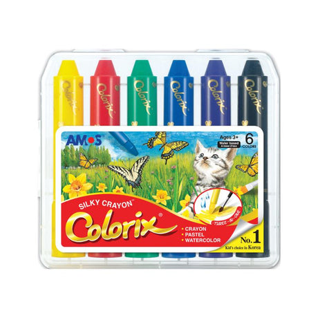 Amos Colorix Silky Crayon pack of 6, versatile for crayon, pastel, and watercolor art with vibrant, washable colors.
