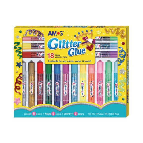 Amos Glitter Glue Pack with 18 vibrant tubes for crafting, ideal for adding sparkle to art, scrapbooks, and more.