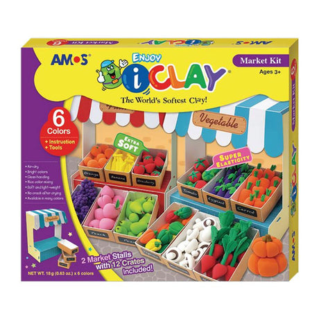 Colorful Amos i-Clay Modelling Clay Kit with 6 vibrant 18g pieces and tools to create a market stall display of fruits and vegetables.