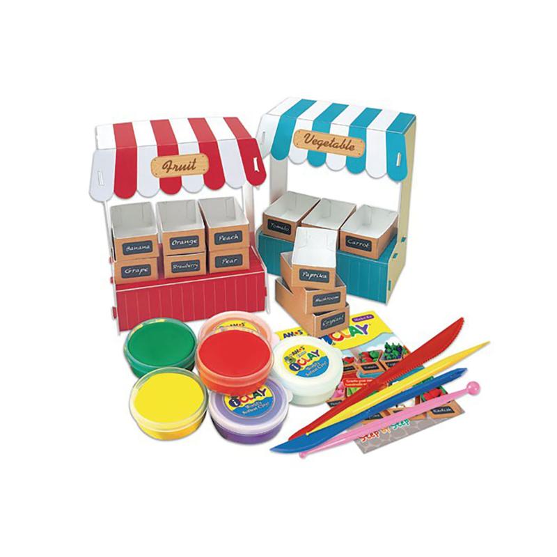 Vibrant Amos i-Clay Modelling Clay Kit with 6 colors, 12 crates, and air-dry features for creative market stall displays.