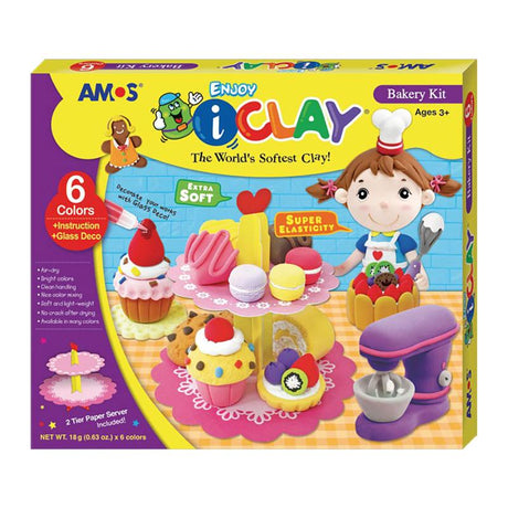 Amos i-Clay Bakery Kit with 6 vibrant 18g colors, paper server, and glass decor for imaginative pretend baking fun.