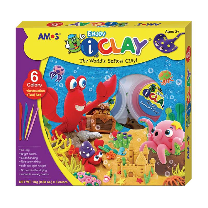 Amos i-Clay Modelling Clay Kit with 6 vibrant colors and 4 tools for creative sculpting, safe and air-dry design.