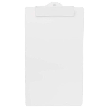 FM Clipboard in white plastic, foolscap size, offers a sturdy writing surface for notes, meetings, and presentations.