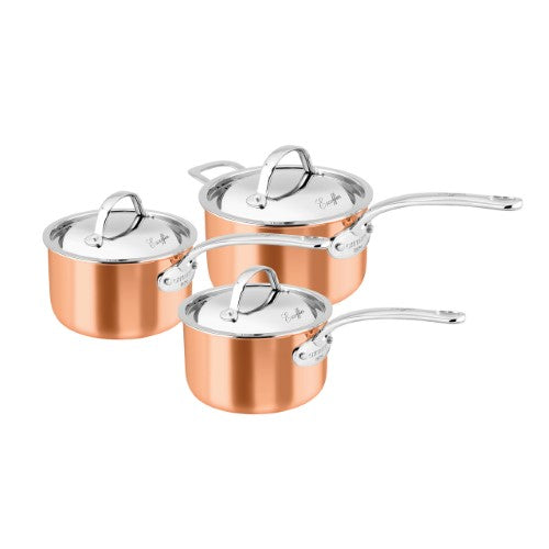 A 3-piece Chasseur Escoffier induction cookware set in elegant copper, designed for versatile cooking with superior heat conductivity.