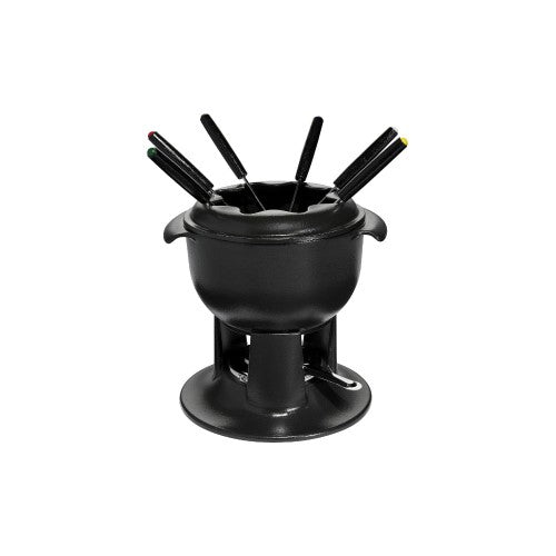 Chasseur Matte Black Fondue Set (21cm) with 6 forks, adjustable burner, perfect for sweet or savory gatherings.