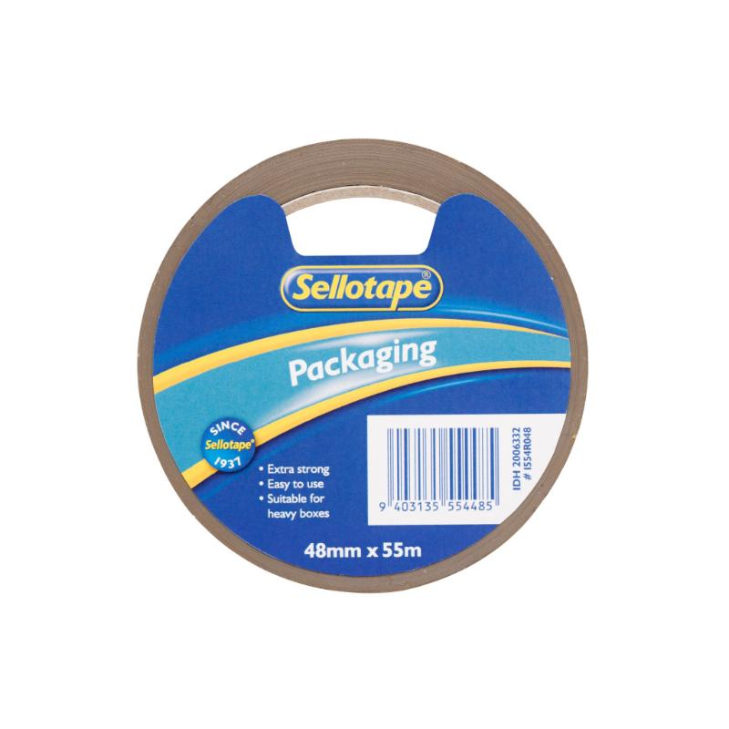 Sellotape 1554R Vinyl Brown tape, 48mm wide and 55m long, perfect for securely sealing heavy boxes and packages.