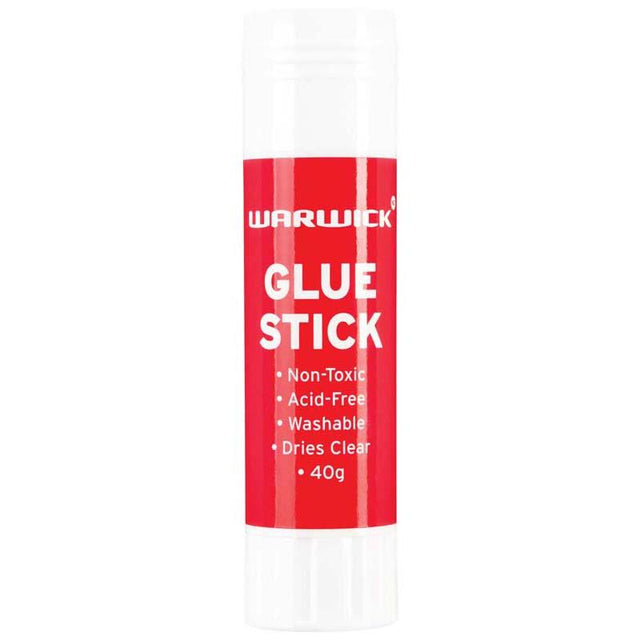 Warwick 40gm Glue Stick, non-toxic adhesive for paper, fabric, and crafts; perfect for kids and adults, mess-free application.