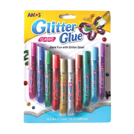 Colorful Amos Glitter Glue Pack featuring 10 tubes of non-toxic sparkling glue, perfect for creative arts and crafts projects.