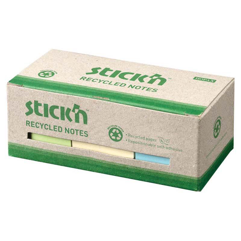 Assorted eco-friendly sticky notes in green, yellow, and blue, 38x50mm, 100% recycled paper, perfect for reminders.