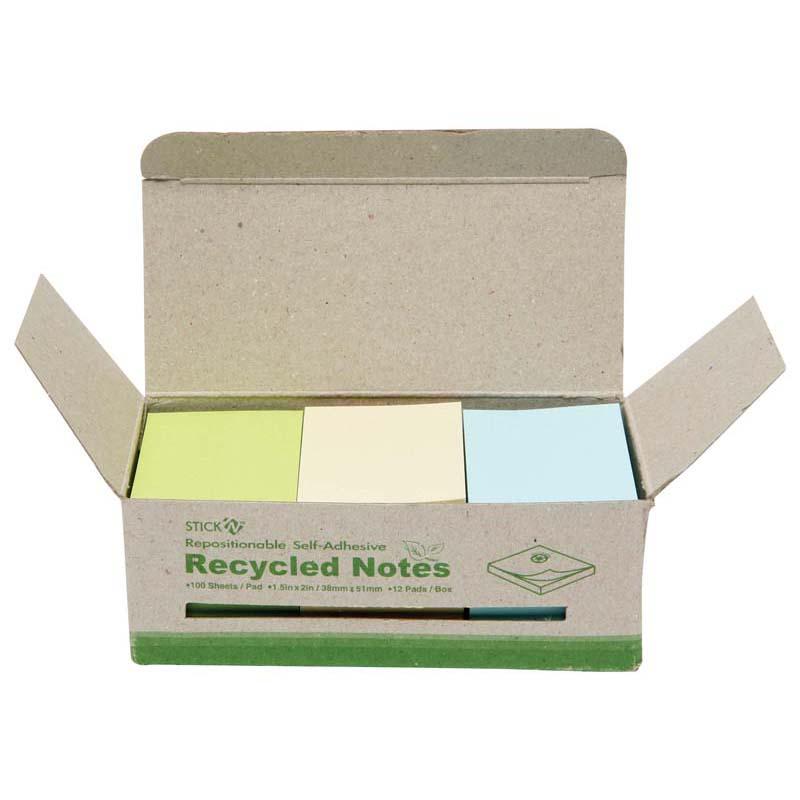 Colorful assorted Stick'n Recycled Notes in 38x50mm, made from 100% recycled paper for eco-friendly organization.