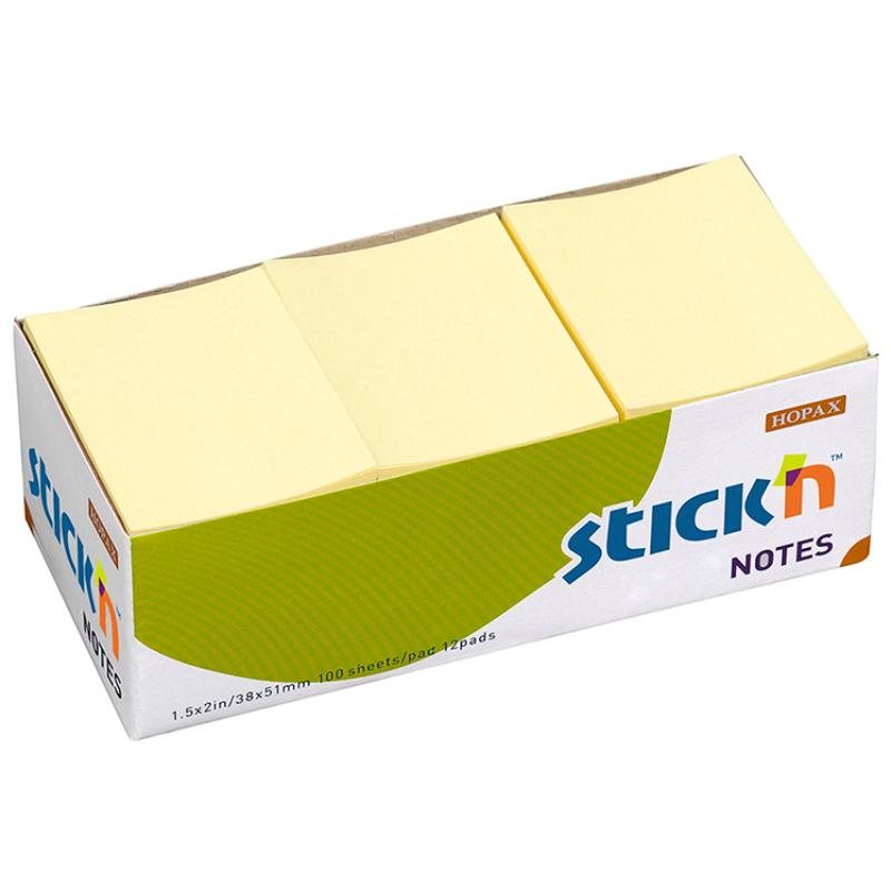 Bright yellow self-adhesive sticky notes, 38x50mm, 100 sheets per pad, perfect for reminders and organization. Pack of 12.