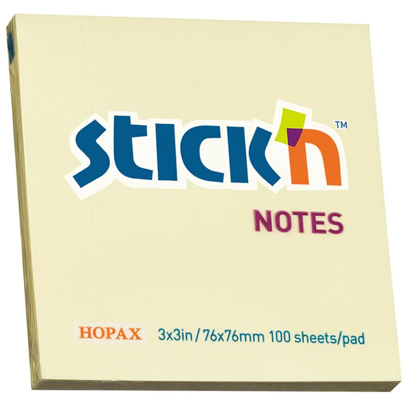 Bright yellow Stick'n Note pad, 76x76mm, with 100 repositionable sheets for easy note-taking and organization.