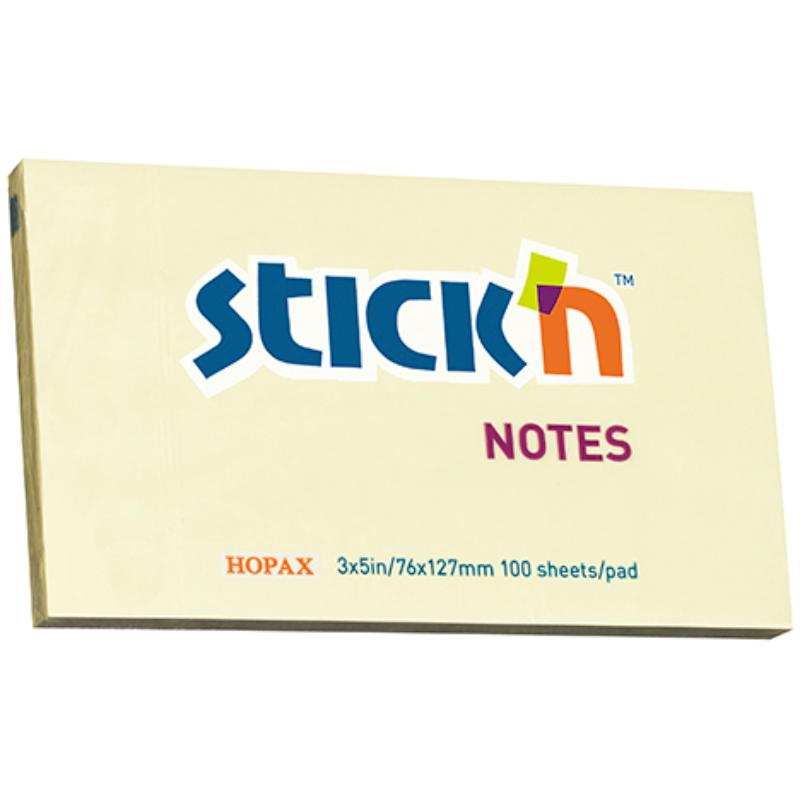 Bright yellow self-adhesive sticky notes (76x127mm) with 100 sheets for easy note-taking and organization.