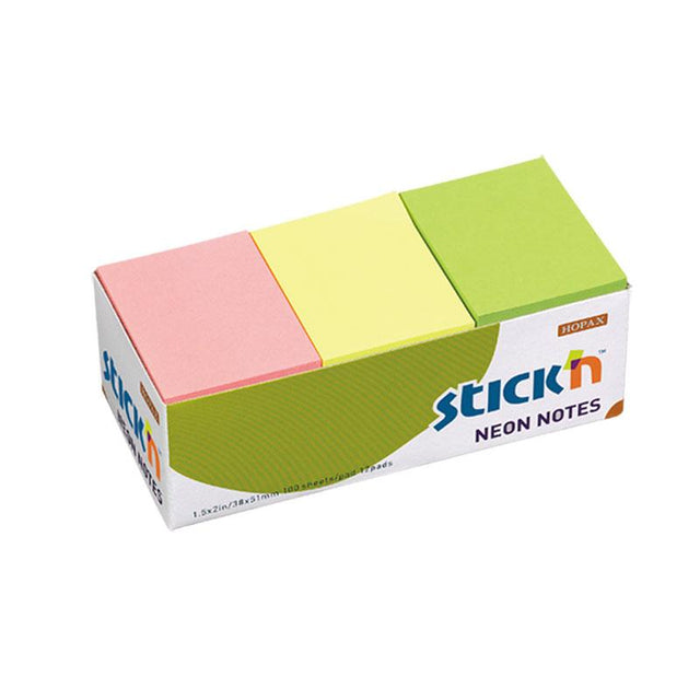 Vibrant Stick'n Note pack featuring 100 repositionable neon sticky notes in yellow, green, and pink, perfect for reminders.