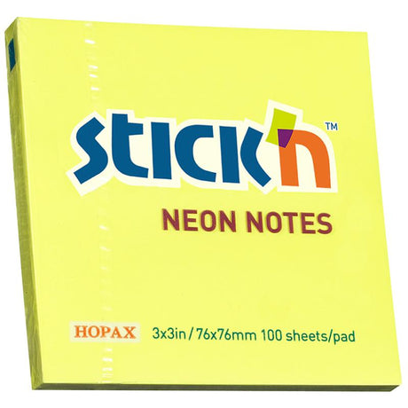 Vibrant Neon Lemon sticky notes, 76x76mm, 100 sheets for reminders and organization, repositionable without residue.