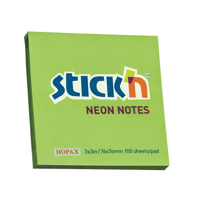 Vibrant Neon Green self-adhesive sticky notes, 76x76mm, perfect for reminders and task organization.