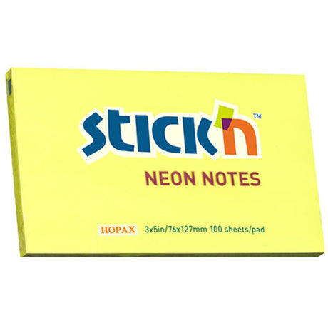 Bright neon yellow sticky notes 76x127mm, 100 sheets, perfect for reminders, annotations, and enhancing productivity.