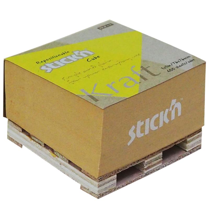 Kraft sticky note cube with 400 sheets, 76x76mm, perfect for reminders and ideas, featuring a decorative pallet design.