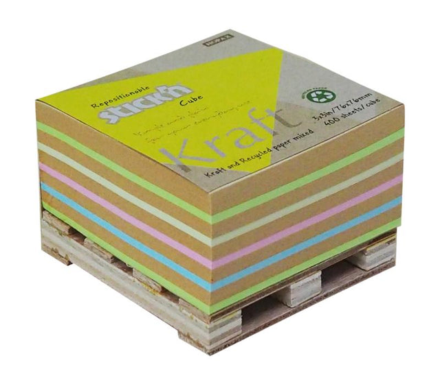 Colorful Kraft and Neon sticky note cube with 400 sheets, perfect for reminders and note-taking in home and office settings.