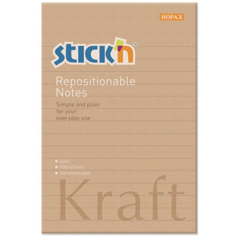 Repositionable kraft sticky notes, 150x101mm, 100 sheets; ideal for note-taking, organizing, and annotating documents.