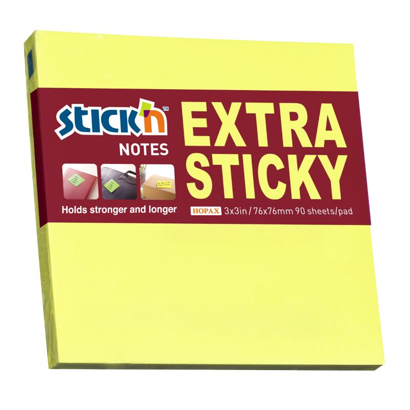 Bright neon lemon sticky notes, 76x76mm, with extra sticky adhesive, 90 repositionable sheets for effective note-taking.