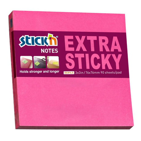 Vibrant neon magenta sticky notes, 76x76mm, 90 sheets, extra sticky for secure notes and easy removal, perfect for organization.