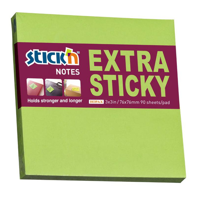 Vibrant Neon Green sticky notes (76x76mm, 90 sheets) for reminders and task organization with extra sticky adhesive.