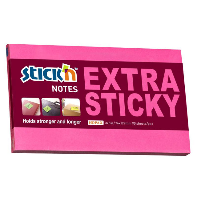 Bright neon magenta sticky notes (76x127mm) with extra sticky adhesive, perfect for reminders and annotations. 90 sheets per pad.