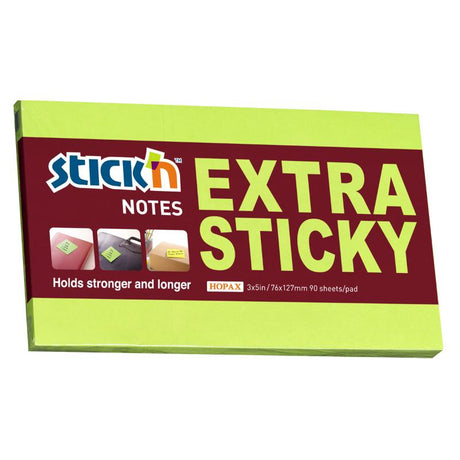 Vibrant neon green extra sticky notes, 76x127mm, perfect for reminders and organization with 90 repositionable sheets.