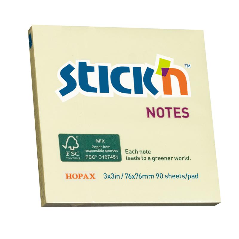 Vibrant yellow Stick'n FSC sticky notes, 76x76mm, 90 sheets, eco-friendly for reminders and annotations.