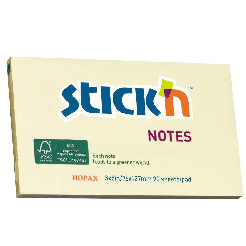 Bright yellow Stick'n FSC sticky notes (76x127mm) with 90 repositionable sheets for reminders and annotations. Eco-friendly design.