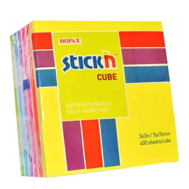 Vibrant Stick'n Note Cube with 400 neon and pastel self-adhesive notes, ideal for reminders and organization, 76x76mm size.