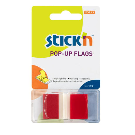 Vibrant red self-adhesive pop-up flags (45x25mm) for marking, annotating, and organizing documents, 50 flags per pack.