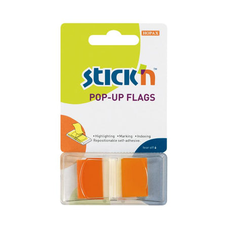 Bright orange Stick'n Pop Up Flags, 45x25mm, 50 sheets for organizing, annotating, and leaving messages in documents.