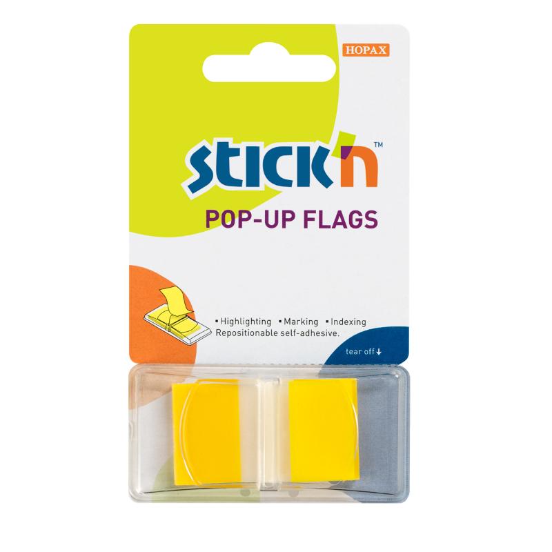 Bright yellow Stick'n Pop Up Flags (45x25mm) for easy organization and note-taking, 50 repositionable flags per pack.