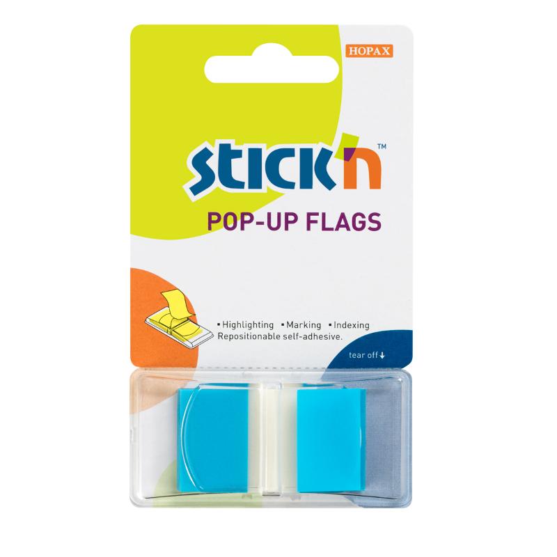 Repositionable blue pop-up flags (45x25mm), 50 sheets for annotating documents and organizing notes effectively.