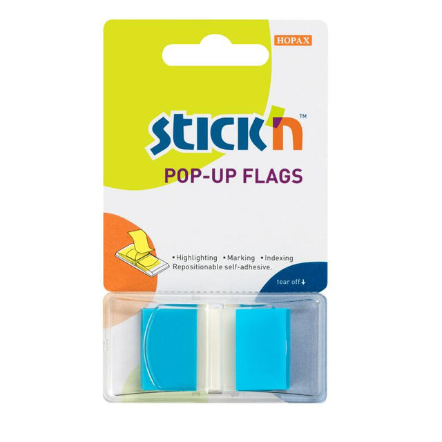 Repositionable blue pop-up flags (45x25mm), 50 sheets for annotating documents and organizing notes effectively.