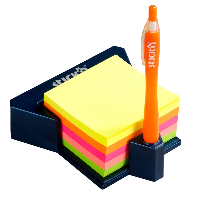 Stick'n Note Cube with Holder in pastel neon, featuring 400 sheets for notes and reminders, perfect for organized workspaces.