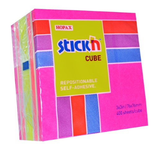 Vibrant Stick'n Cube sticky notes in magenta and assorted neon colors, perfect for organizing and jotting down messages.