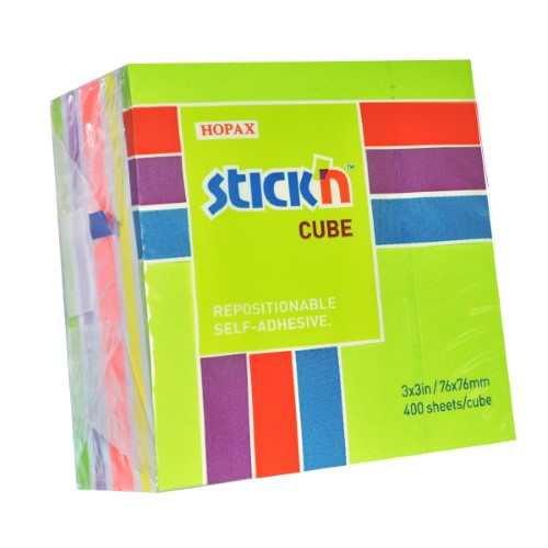 Vibrant lime and assorted neon sticky notes in a 76x76mm cube, perfect for reminders and organization.