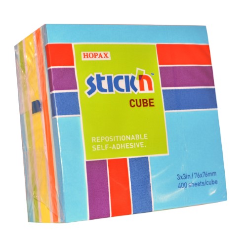 Colorful Stick'n Cube sticky notes, 76x76mm, with 400 sheets in blue and assorted brights for versatile messaging and organization.