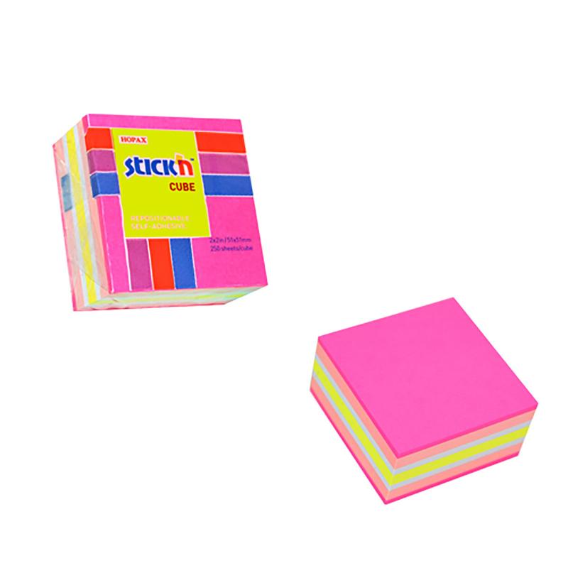 Vibrant Stick'n Note Cube featuring 250 neon and pastel sticky notes, perfect for reminders and annotations, 51x51mm size.