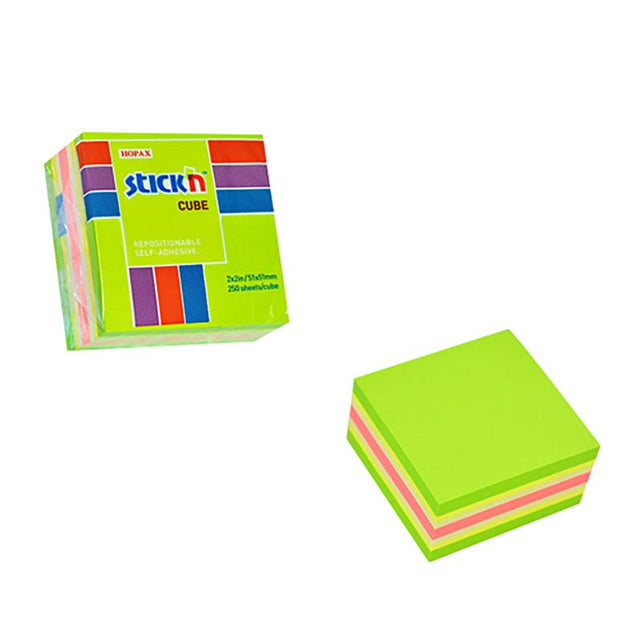 Vibrant 51x51mm Stick'n Note Cube with 250 repositionable sheets in neon and pastel colors, perfect for organizing notes.