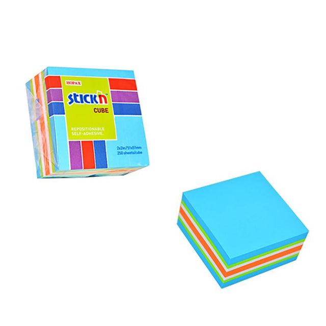 Vibrant cube of 250 neon and pastel self-adhesive sticky notes, each 51x51mm, perfect for reminders and organization.