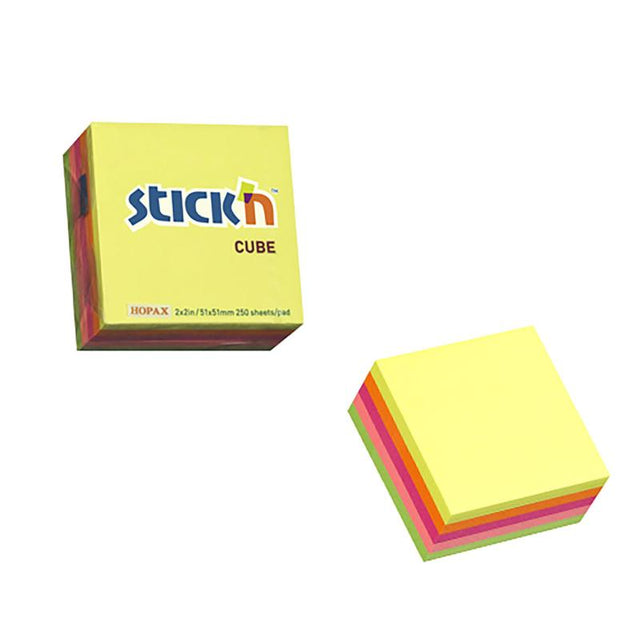 Vibrant neon sticky note cube with 250 sheets, perfect for reminders and organization in a 51x51mm size.