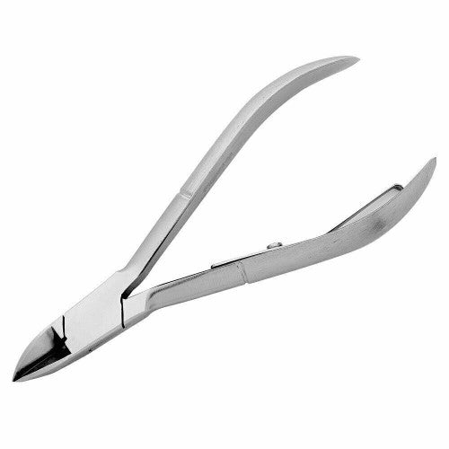 Mundial 12cm nail nipper made of stainless steel, designed for precision trimming of thick toenails, includes protective case.