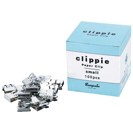 Stylish silver Clippie paper clips in a small box of 100, designed for organizing thick documents efficiently.