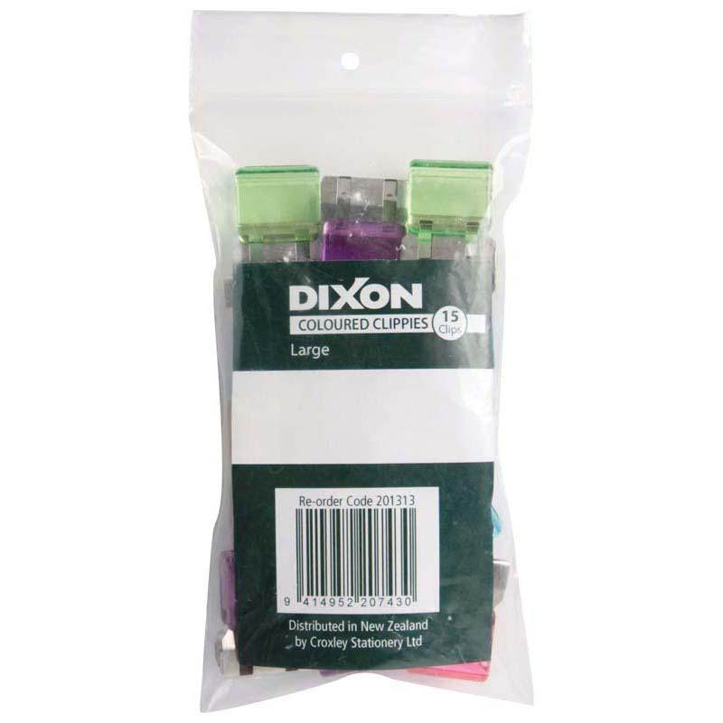 Large, colorful Dixon Paper Clips in a 15 pack, perfect for organizing thick documents stylishly and ecologically.